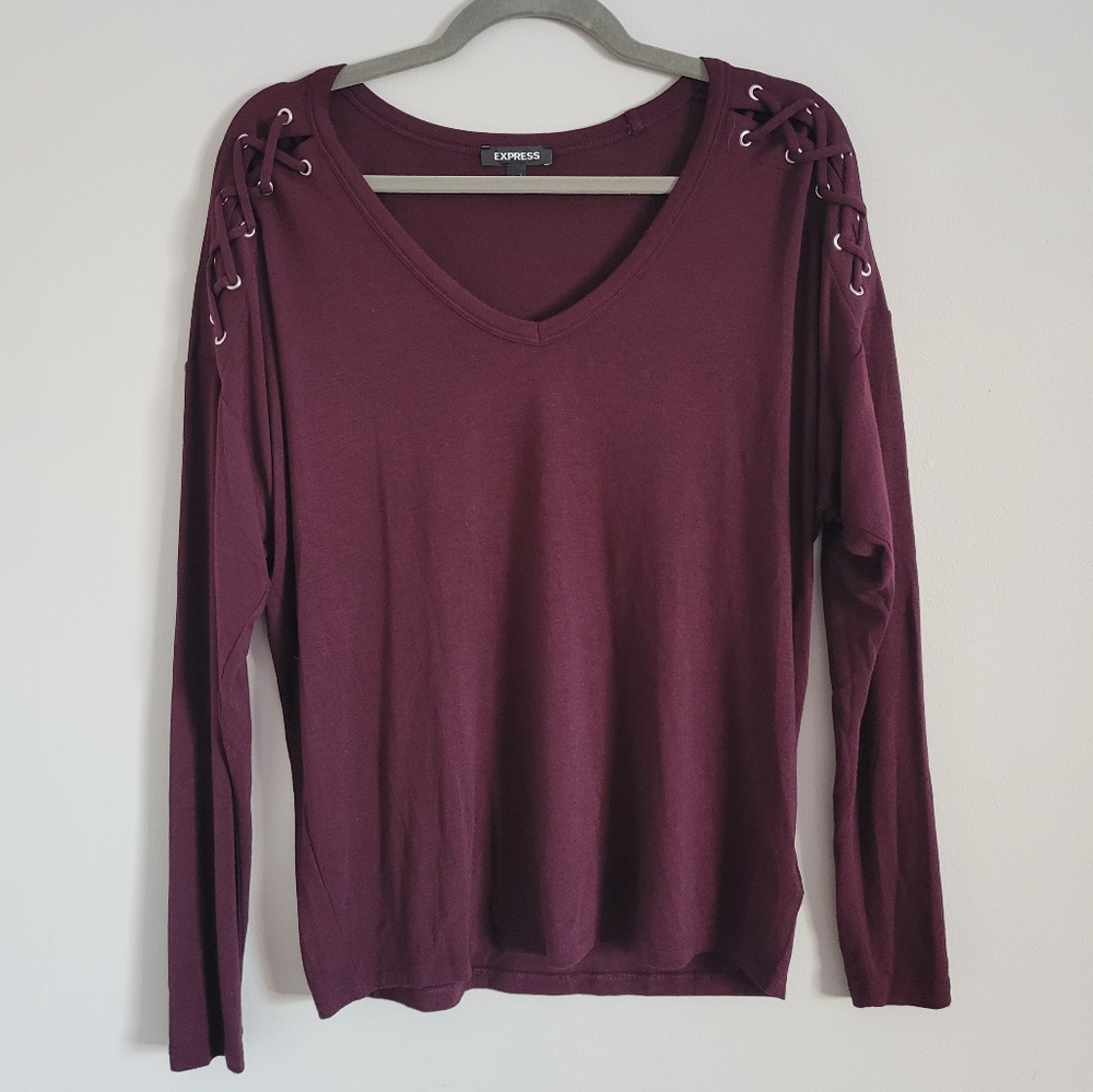 Express Long Sleeve Lace Up Shoulder Top in Burgandy